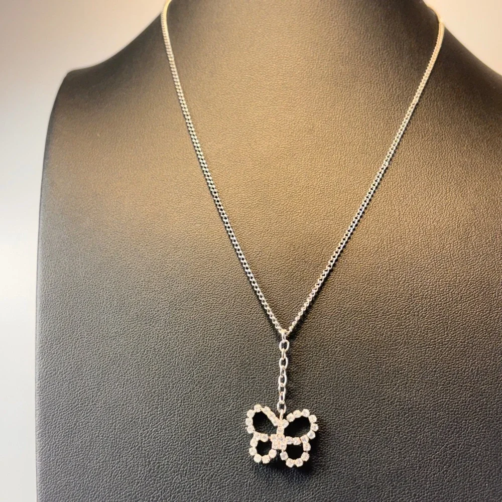 Y2K Butterfly Pendant Necklace Silver Rhinestone Fairycore Aesthetic Vintage